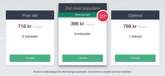 Skjermbilde av prisene hos be2