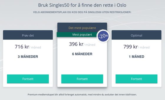 Skjermbilde av prisene hos Singles50